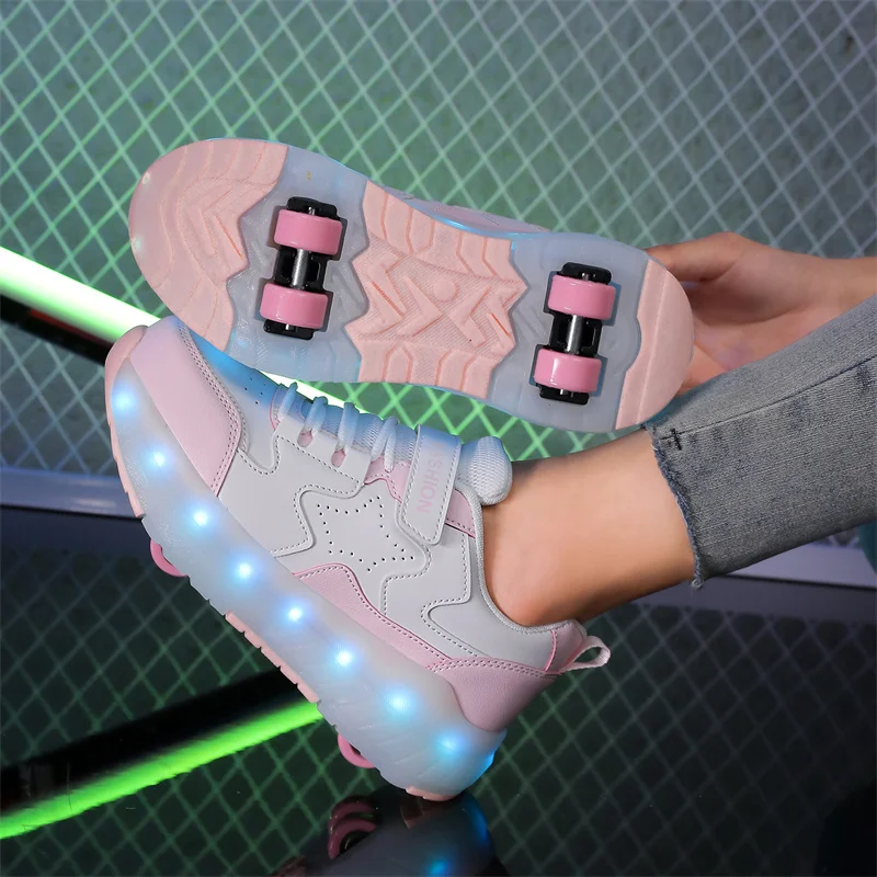 Kids Luminous Shoes Led Sneakers USB Charging Outdoor Sports Roller Skates Children Four Wheels Boys Girls Casual Glowing Shoes