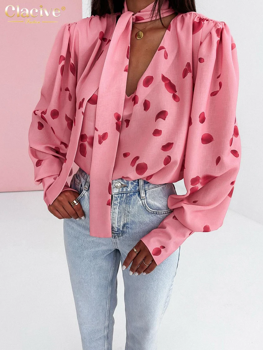 Clacive Fashion Loose Print Women's Shirt 2025 Sexy V-Neck Long Sleeve Shirts Elegant Classic Lace-Up Tops Female Clothing