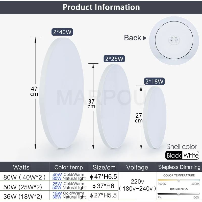 MARPOU 스마트 천장 LED 램프, 침실 천장 조명, 원격 제어, 조도 조절 LED 조명, 방 거실