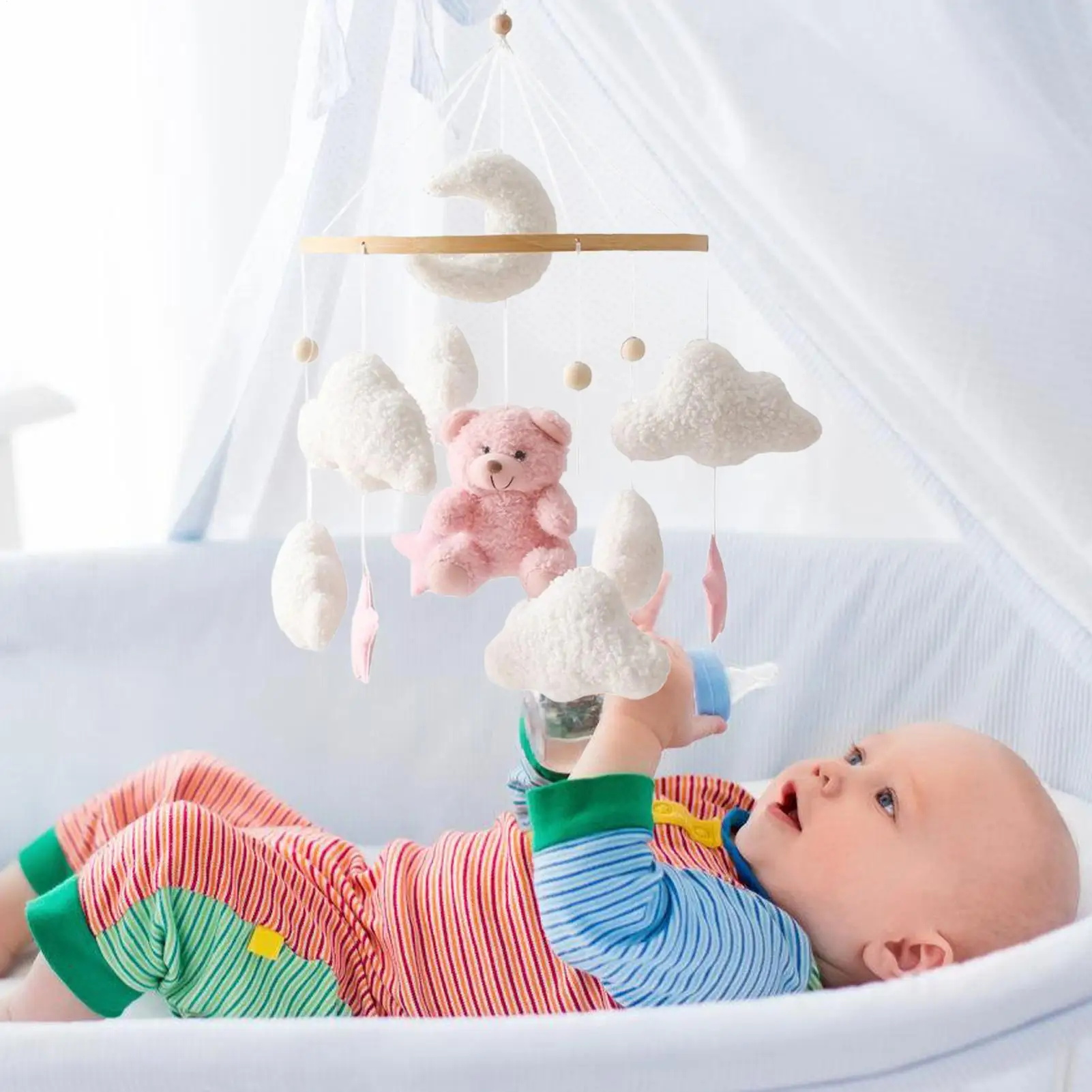 Crib Mobile Baby Bed Bell Rattle Toy Bear Cloud Star Baby Crib Mobile Hangable Soother with Rotation Cartoon Bear Mobile Hanging