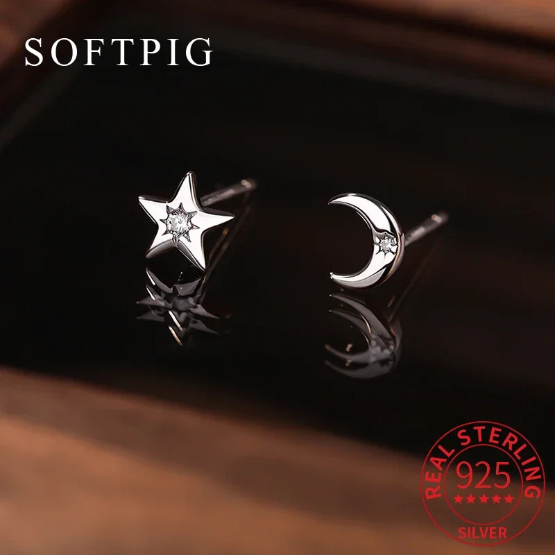 SOFTPIG Real 925 Sterling Silver Zircon Star Moon Mini Stud Earrings for Women Fine Jewelry Light Luxury Asymmetry Accessories