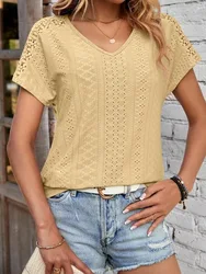 Blusa informal De manga corta con cuello en V para Mujer, con agujeros Camisa lisa, elegante, a la moda, novedad De verano, 2023