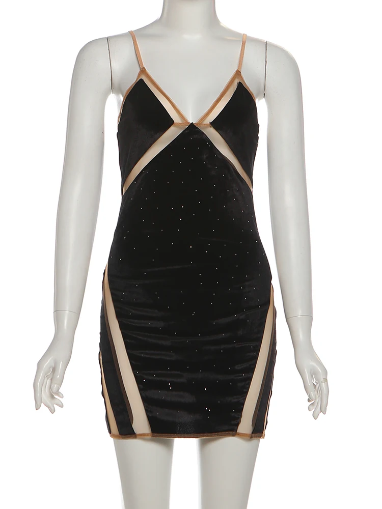 Estranho gato elegante veludo oco vestido feminino sexy ver através de retalhos baixo pescoço sem mangas sem costas rua festa clube bodycon