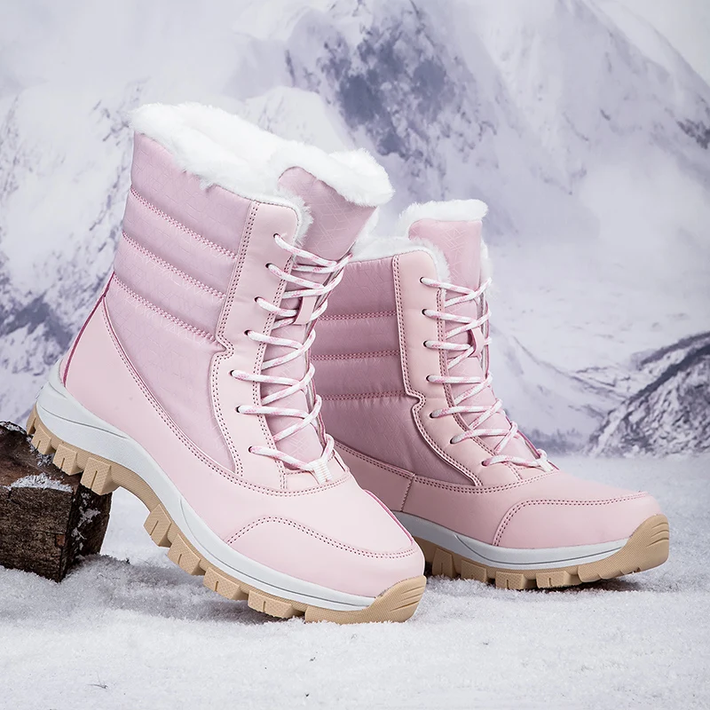 New Winter Women Boots Warm Plush Mid-Calf Women\'s Snow Boots Lace-up Outdoor Waterproof Hiking Boots Chaussures Femme Size 42