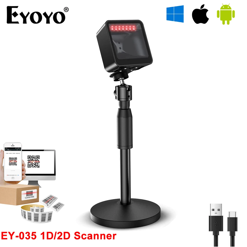 Eyoyo EY-035 Omni-Directional Presentation 1D/2D Desktop Barcode Scanner Automatic Sensing Scanning with Height Adjustable Stand