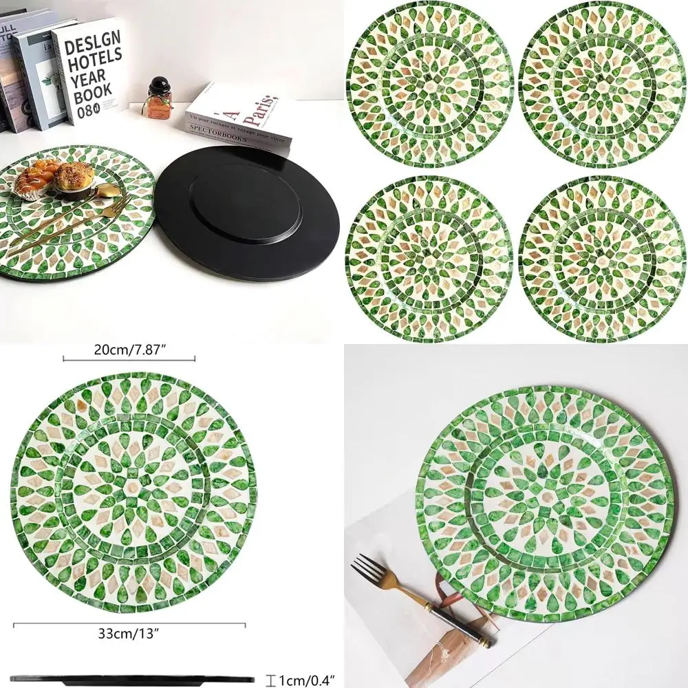 

Handcrafted Wooden Placemats Set of 4 with Mother-of-Pearl Inlay, 13 Green, Ideal for Dining and Wedding Gifts