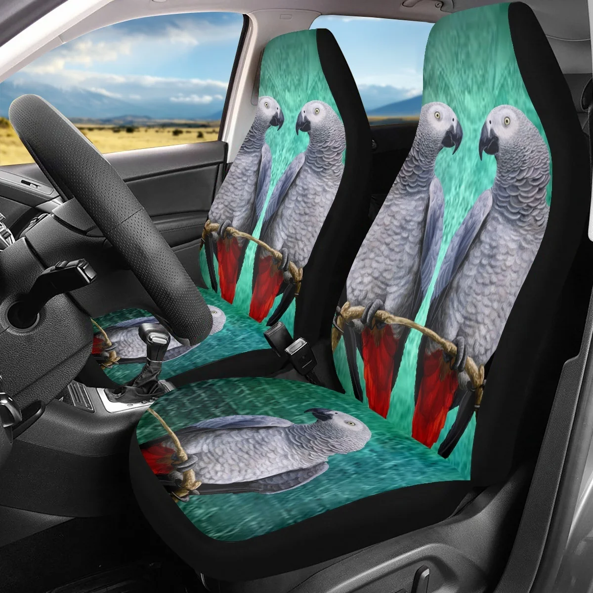 2Pcs Car Accessories Parrot 3D Print Auto Front Seat Cover Set Anti-dirt Polyester Cloth Vehicle Protector Easy in Install Gift