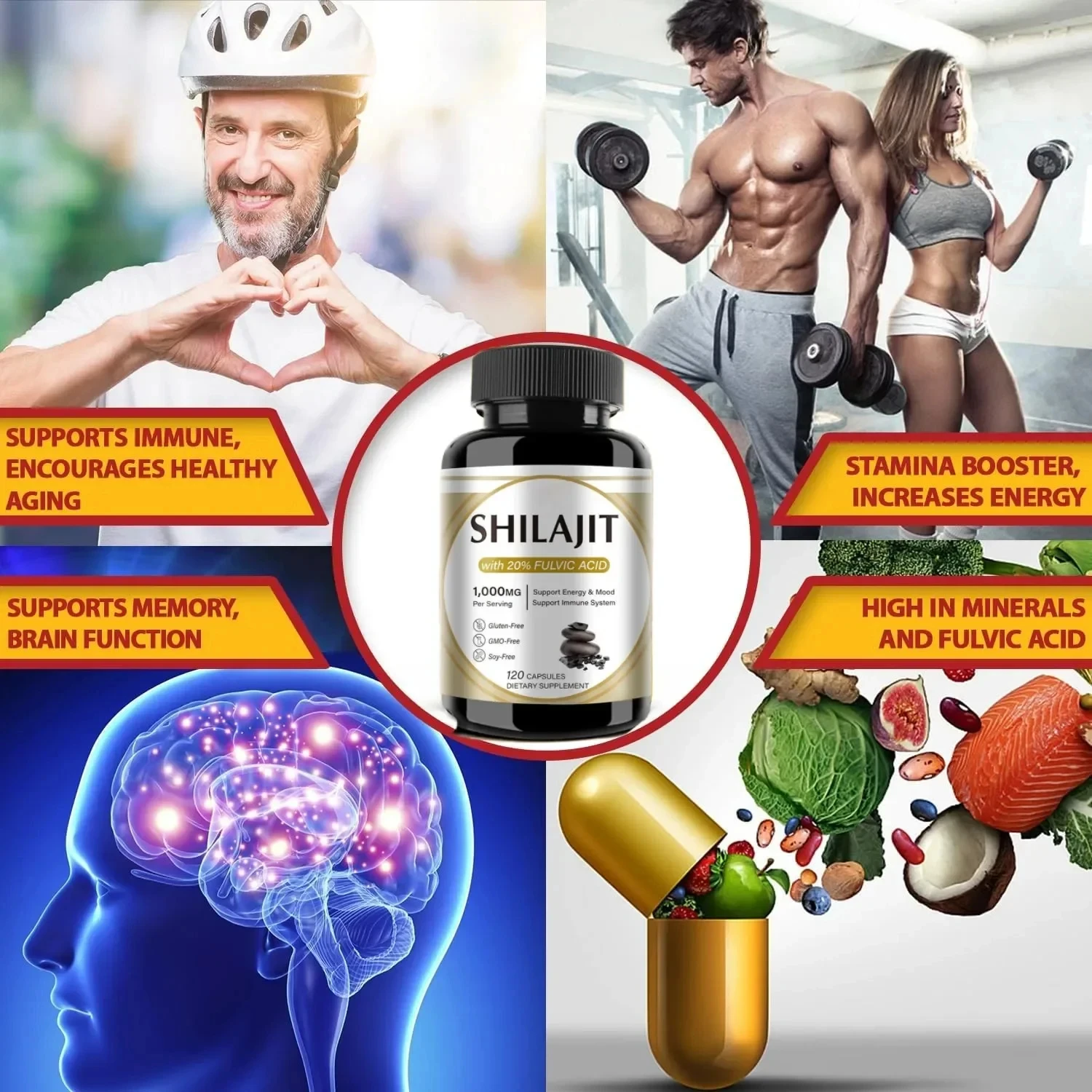 100% organic SHILAJIT capsules enhance strength, energy, endurance, support endurance, immunity, promote brain cognition