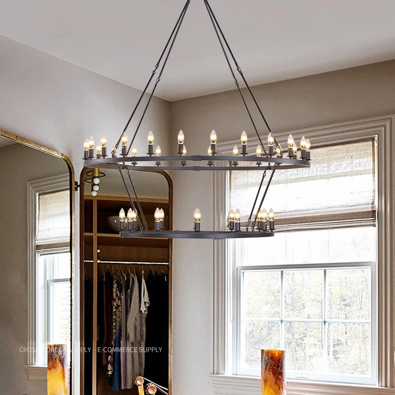 

American Wagon Wheel Chandelier Light Retro Industrial Candle Large Hanging Lamp For Cafe Restaurant Bar Round Ceiling Lamp