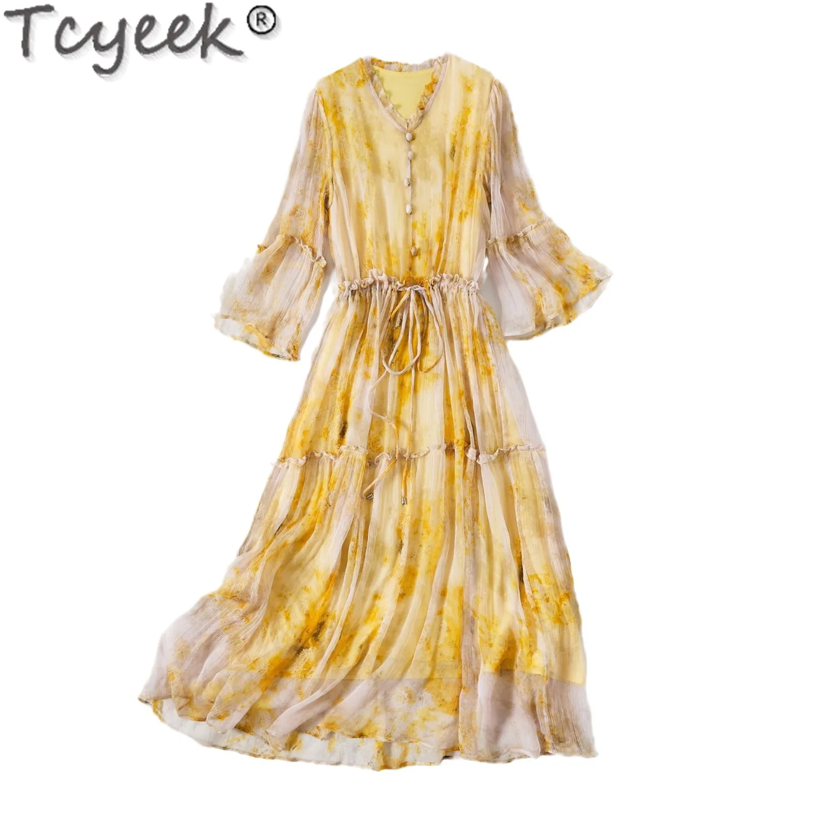 Tcyeek Pure Mulberry Silk Womens Dresses V-neck Beach Dress 2024 Elegant Women's Dresses Summer Clothes Print Vestidos De Mujer