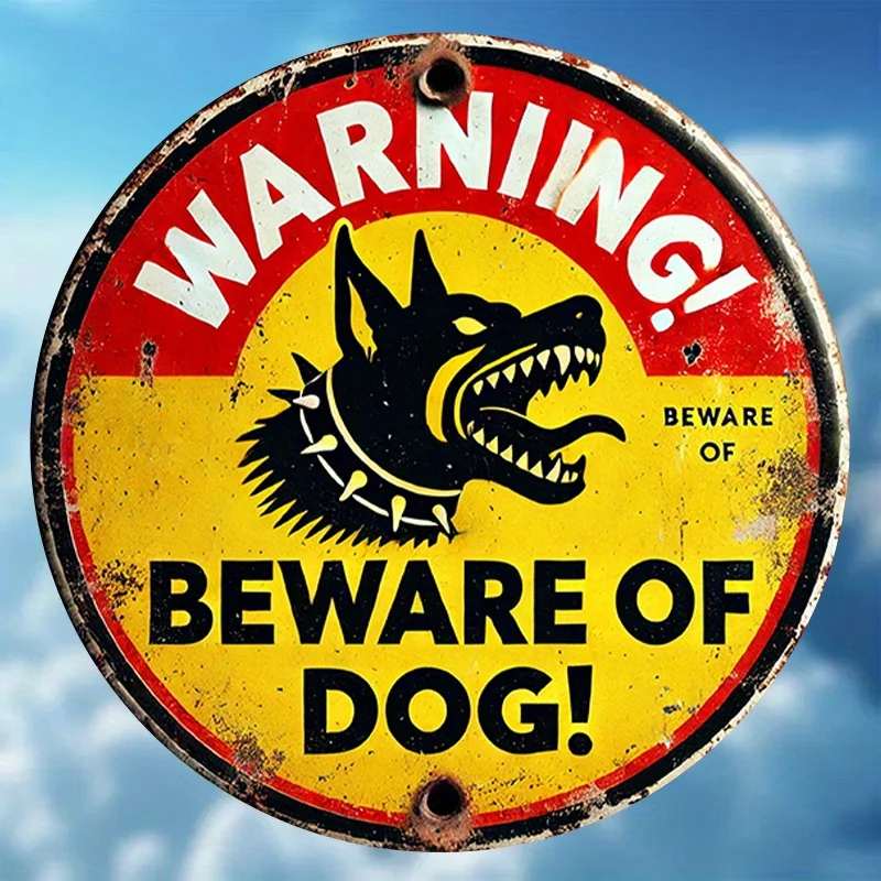 a 2D Flat, Dog Bark Warning, Retro Classic 8-Inch Round Metal Sign, Caution Dog Deterrent, Suitable for Home and Wall Decor Art
