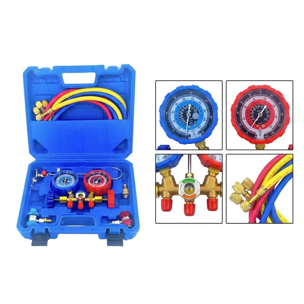 3 Way AC Manifold Gauge Set With Hoses Adapters For R410 R22 R404A Charging Kit HVAC Auto Air Conditioning Repair Tool