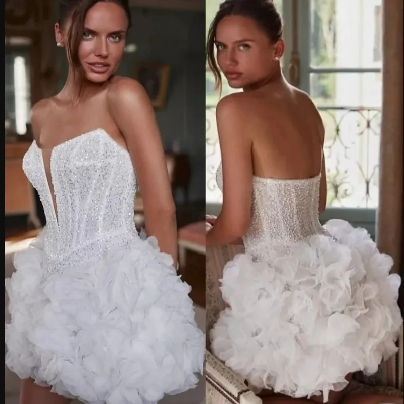 Abito da sposa a trapezio con paillettes scintillanti con scollo a cuore personalizzato Vestido De Casament Mini abiti da sposa corti