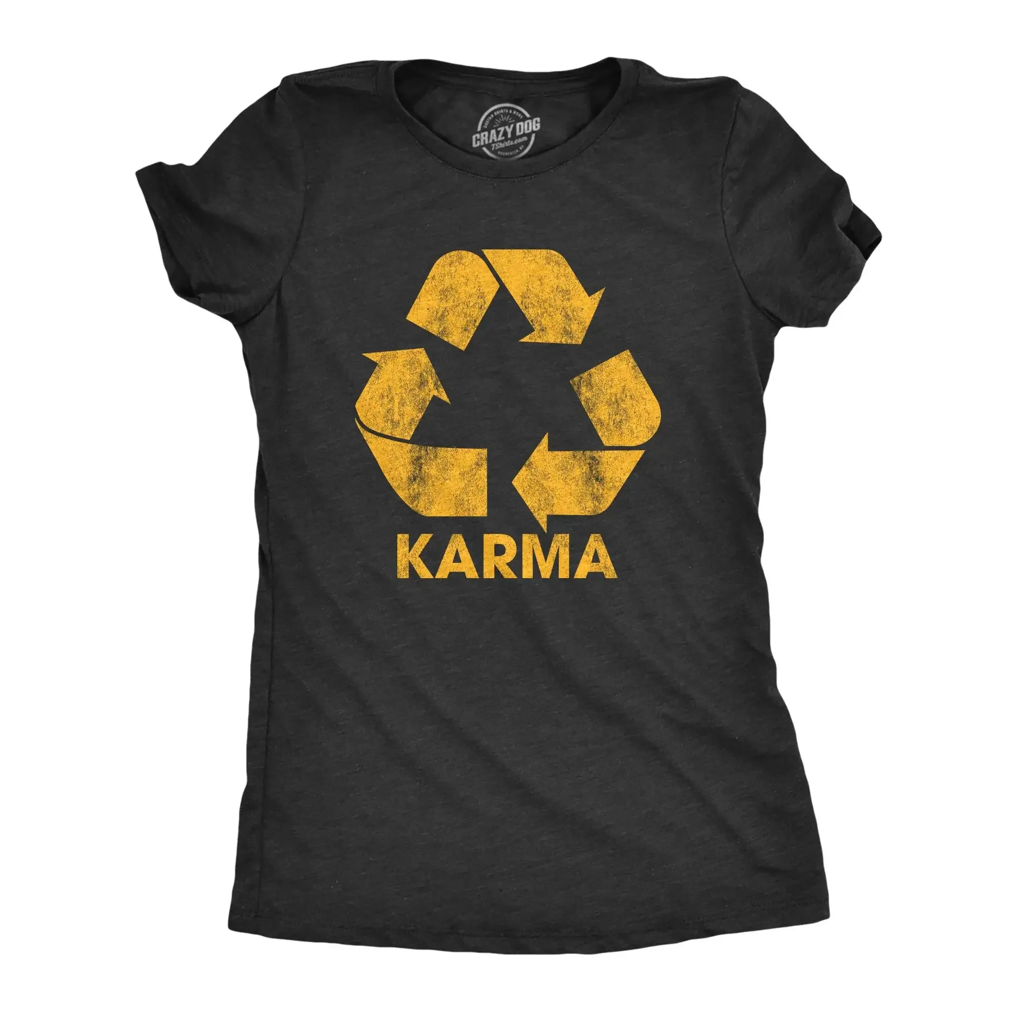 Karma Recycler Short-Sleeve Apparel T-Shirt - Funny Humor-Motivating Positivity Universe Graphic, Cute Vintage Casual Everyday Tee, Full-Color Print Ladies Fashion Gift, Black