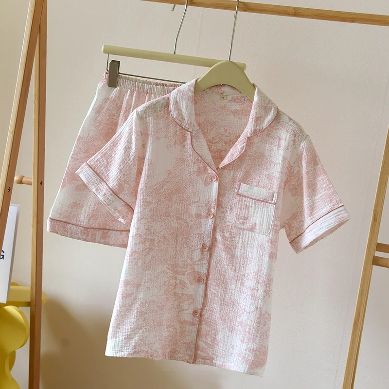 100% Cotton Pajamas For Women Vintage Printed Short Sleeve Shorts Home Suit Lapel Shirt Pant Sets Casual Sleepwear Clothes image 3