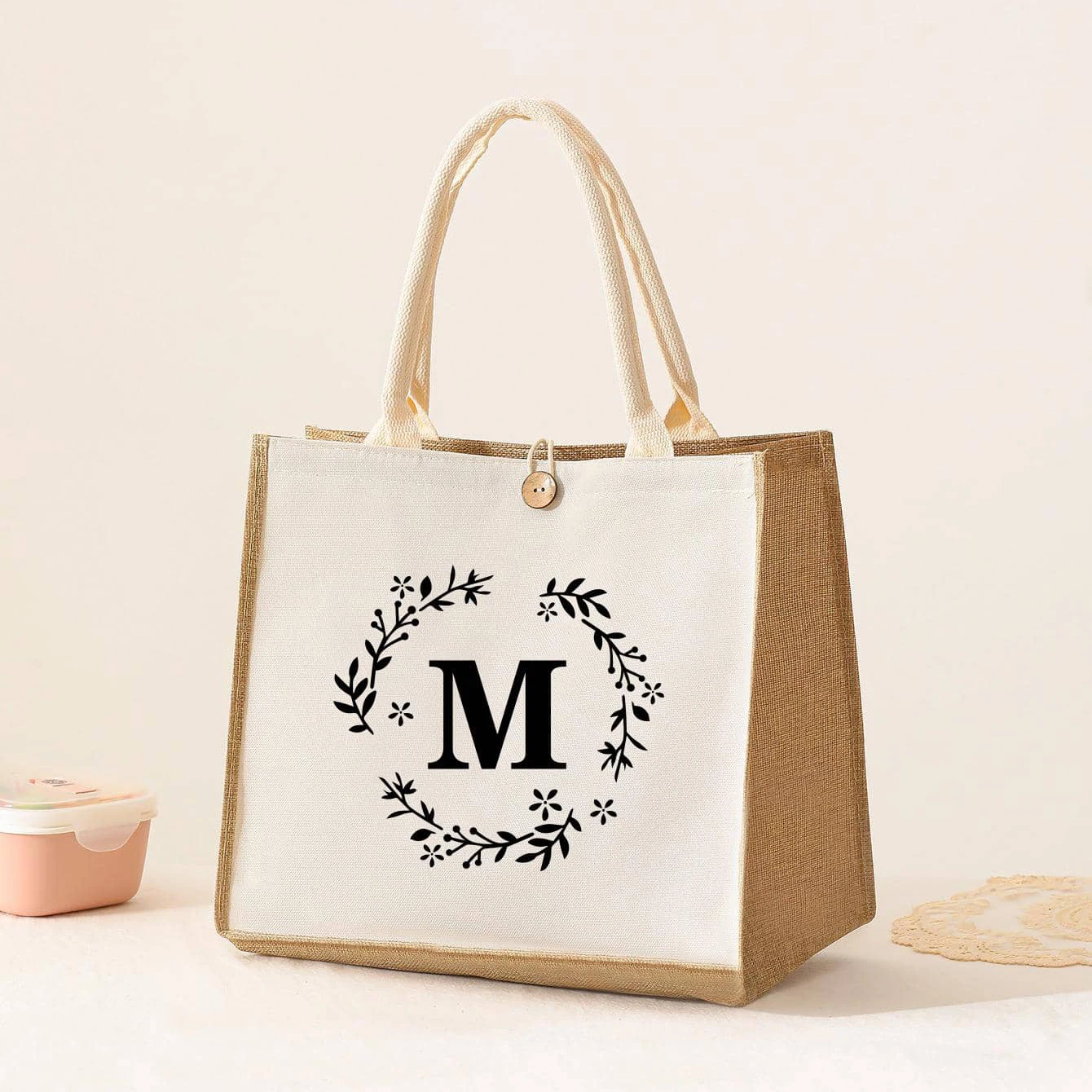 Large Capacity Ladies Tote Bag, Letter Printing Faux Linen Button Handbag, Portable Travel Storage Travel Bag