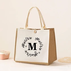 Large Capacity Ladies Tote Bag, Letter Printing Faux Linen Button Handbag, Portable Travel Storage Travel Bag