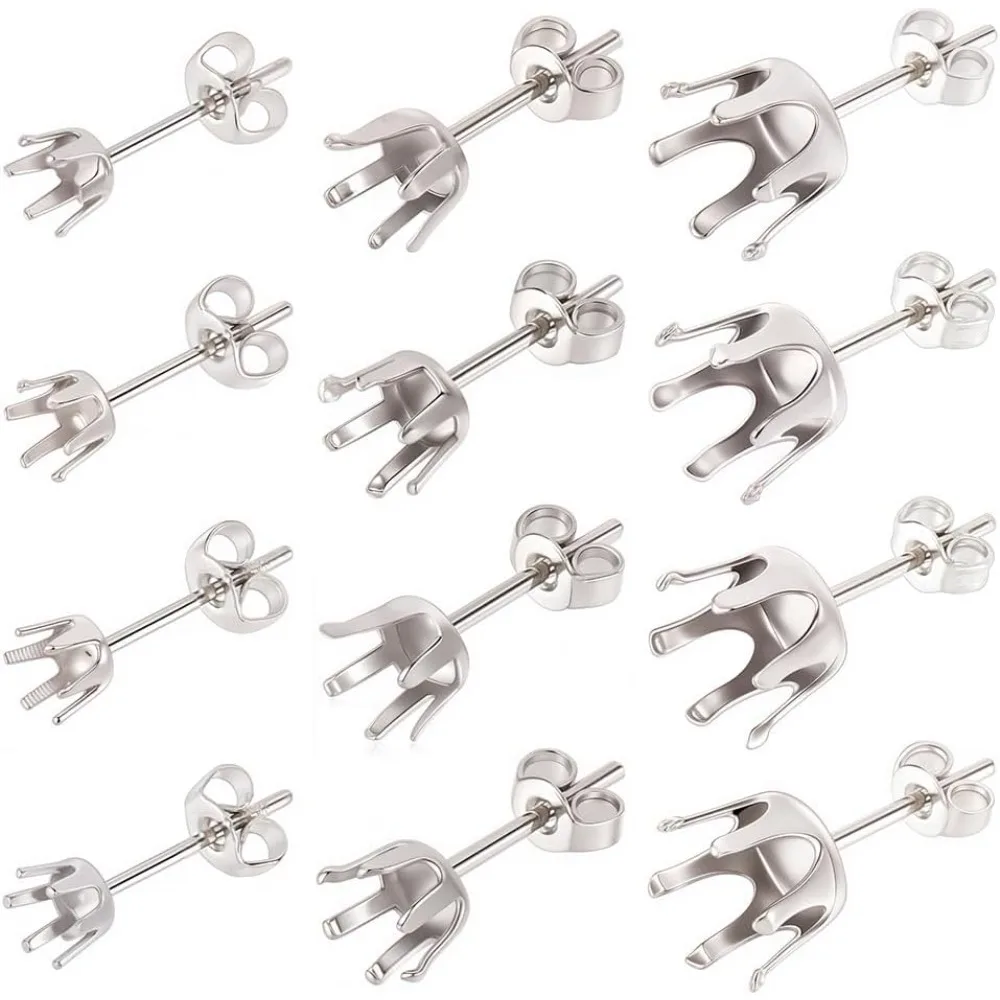 

1 Box 90Pcs Prong Earring Setting 304 Stainless Steel Earring Posts Prong Earring Blanks Beads Rhinestone Claw Earring Component