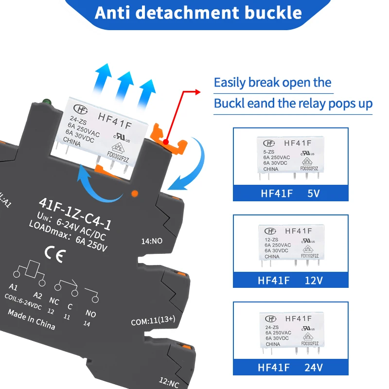 10pcs Slim Relay 5V 12V 24V DIN Rail Mounted Relay Moudle HF 41F SSR 30VDC 250VAC High Frequency Interface Relay With Led 6A