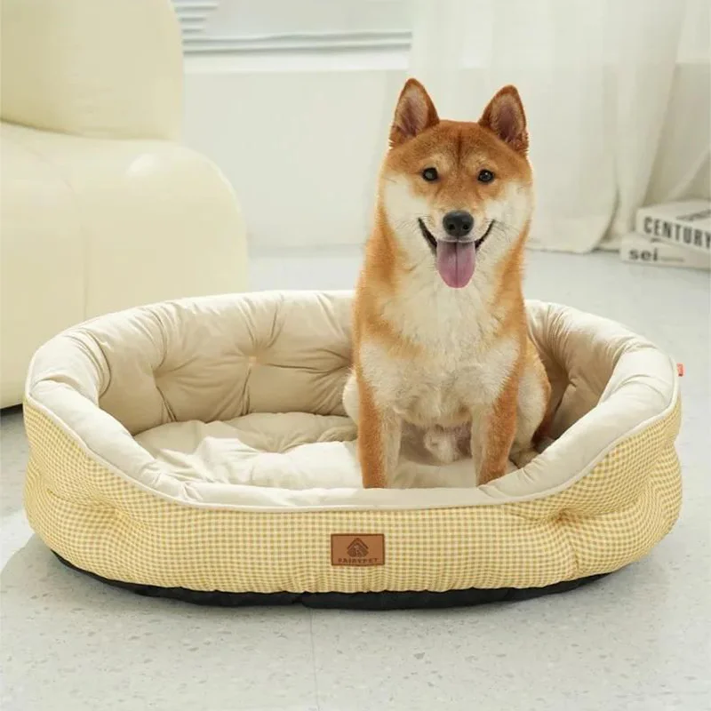 

Round barrel-shaped all-weather pet bed for dogs. Dog sleeping pad with grid pattern. Simple pet bed
