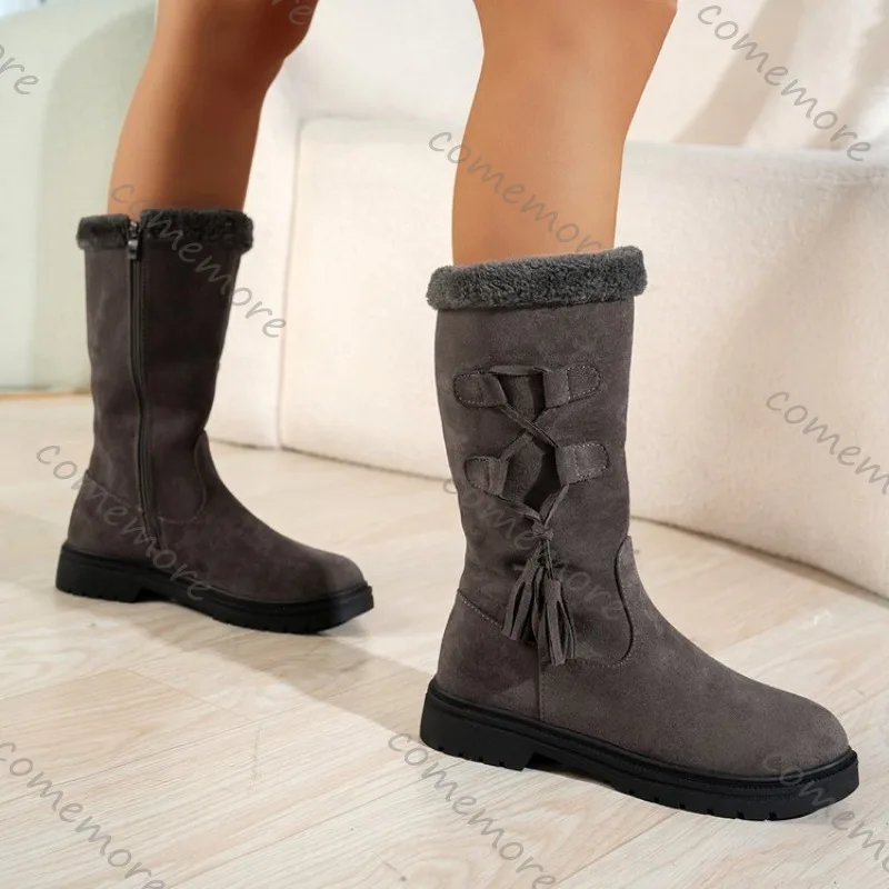 Comemore أحذية الثلوج النساء 2025 الشتاء خمر الجلد المدبوغ شرابة منتصف العجل الأحذية الدافئة طويلة أفخم المرأة الجلد المدبوغ الصلبة عالية بوتاس الأحذية