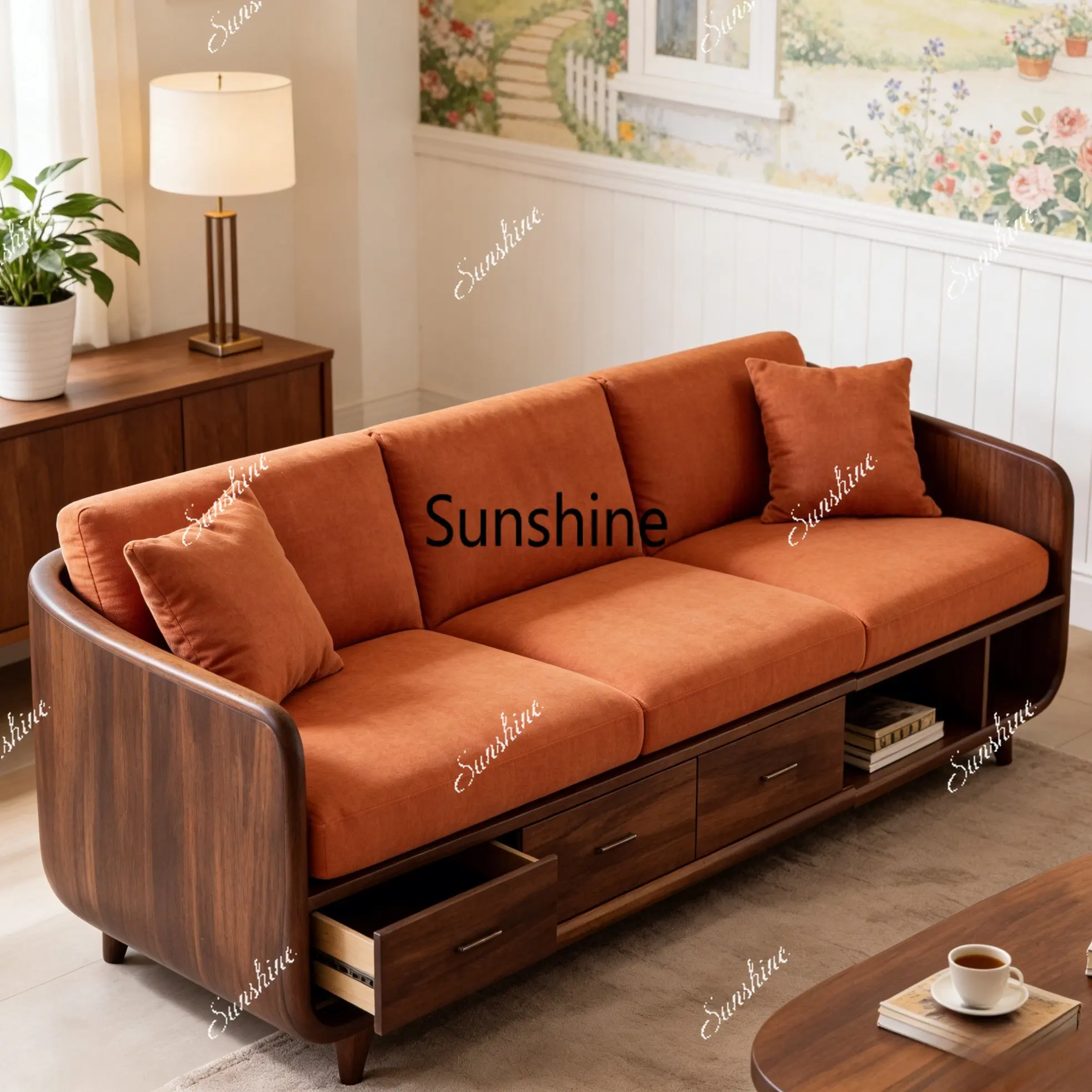 

New Chinese high-end solid wood fabric storage living room simple sofa customization