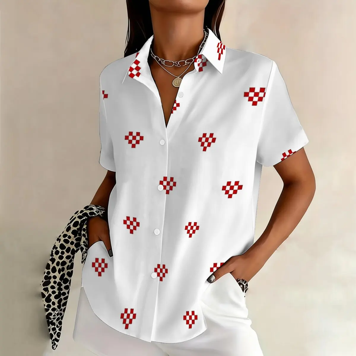 

Simple and personalized love print summer women's plus size lapel short sleeved shirt fashionable daily versatile casual top