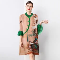2024 Autumn New Wrinkle Elastic Magic Skirt for Women, Chinese Retro Printed O-Neck Loose Large Casual Long Sleeve Skirt