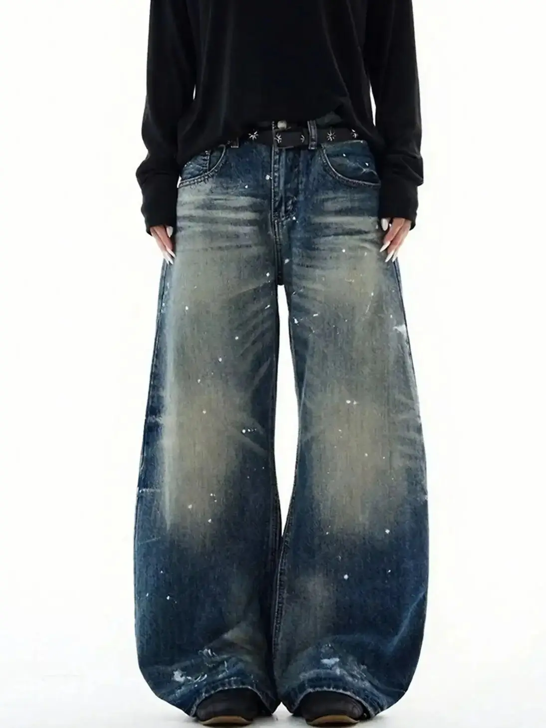 

CHIC Women and Men Painted Jeans Retro Scratched Denim Wide Leg Pants Fashion High Waist Straight Trousers Loose Fit Trendy