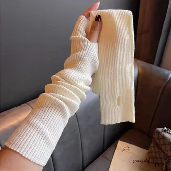 ผู้หญิงถักแขนอุ่นถุงมือยาว Fingerless Mitten ฤดูหนาว Y2K Solid แขนแฟชั่นสบายๆสาวเสื้อผ้า Punk ถุงมือ