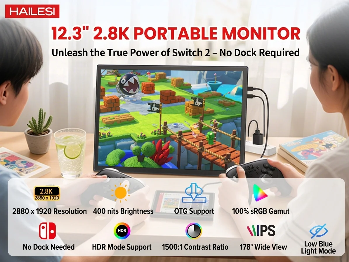 HAILESI S123P 12.3 Inches 2.8K Portable Monitor for Switch/Switch 2, Monitor Mini Travel Monitor 2880*1920 400nits