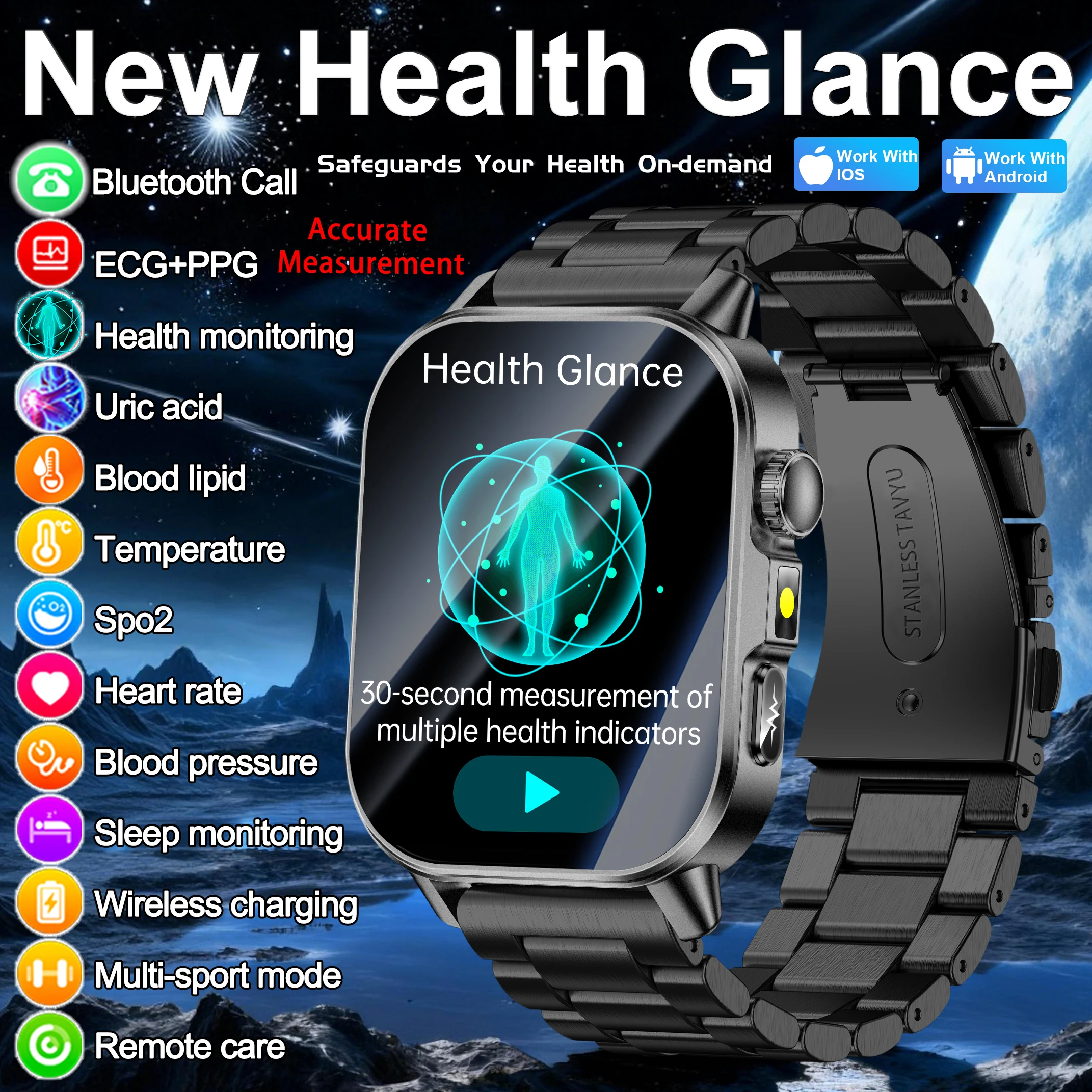 Smartwatch Health Watches - 2026年新型ヘルススマートウォッチ、精密測定ECG+PPG、血圧、尿酸、体脂肪分析、通話機能付きスマートウォッチ（男女兼用）