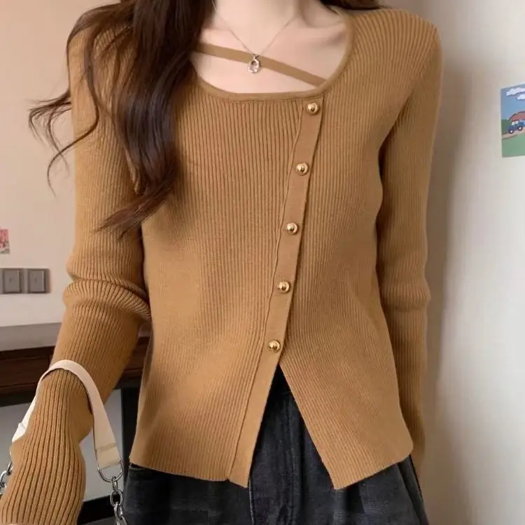 Women Clothes Fashion Button Solid Color O-neck Knitting Femme SpringAutumn  All-match Slim Long Sleeve Pullovers Bottoming Shir