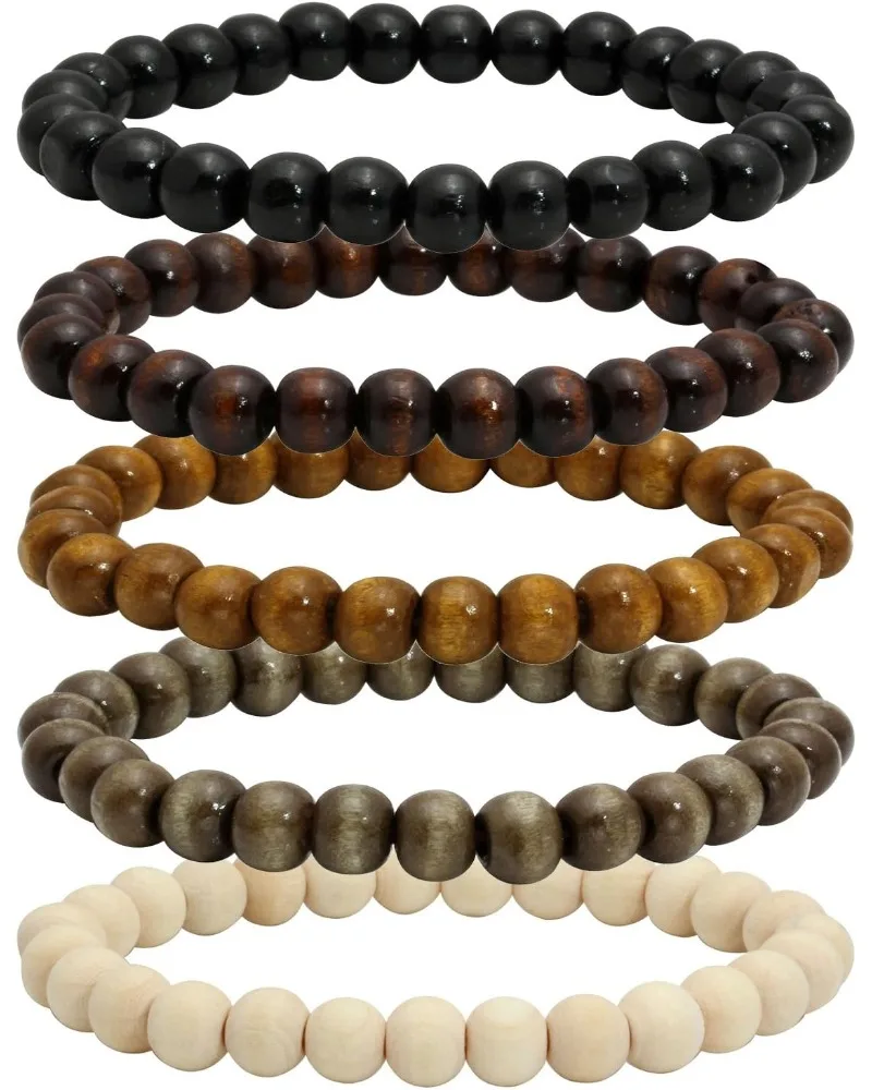 

5-Pack Wooden Beaded Bracelets – Elastic Bangle for Men & Women, Natural Boho Style