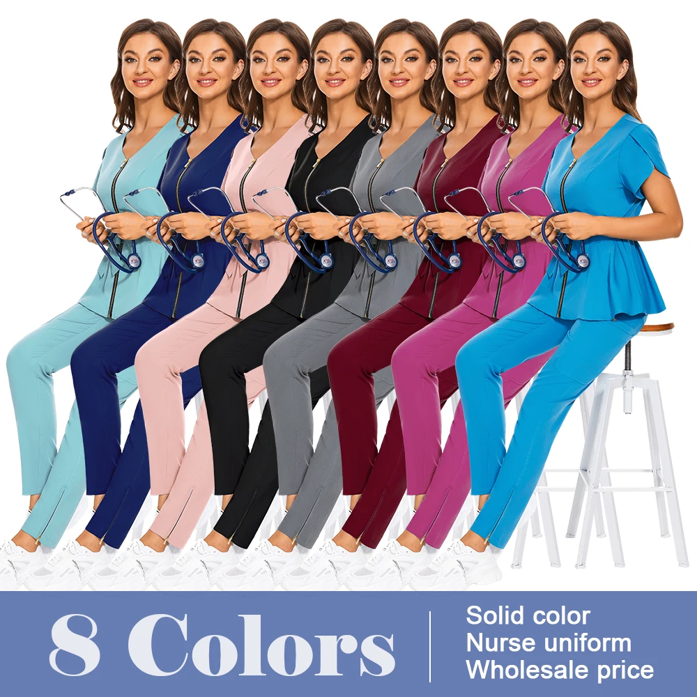 Hot Selling Medical Elastic Scrubs Fashion Doctor Nurse Work Clothes Women Beauty Salon Spa Uniform Pharmacy Healthcare Uniforms