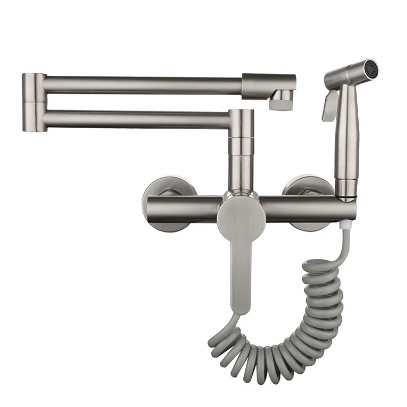 Imagem -04 - Torneira de Cozinha Dobrável com Bidé Pulverizador Wall Mount Pot Filler Faucet Torneira Misturadora Quente Fria Girar Bico Retrátil Braço Balanço