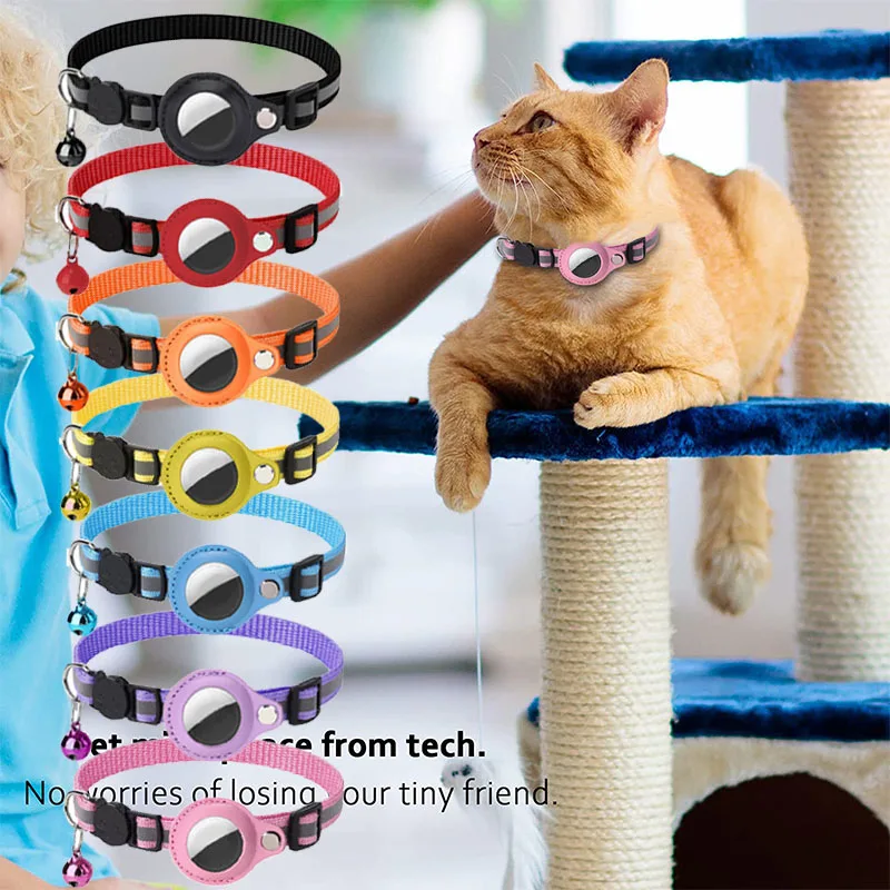 Dog Airtag Holder Collar Reflective Strip Nylon Adjustable Cat GPS Finder Anti-lost Location Tracker Bell Collar Pet Accessories