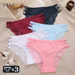 FINETOO 3PCS Women Lace Floral Underpants Sexy Triple Belts Panties Female Low-Waist Perspective Briefs Soft Lingerie Underwear