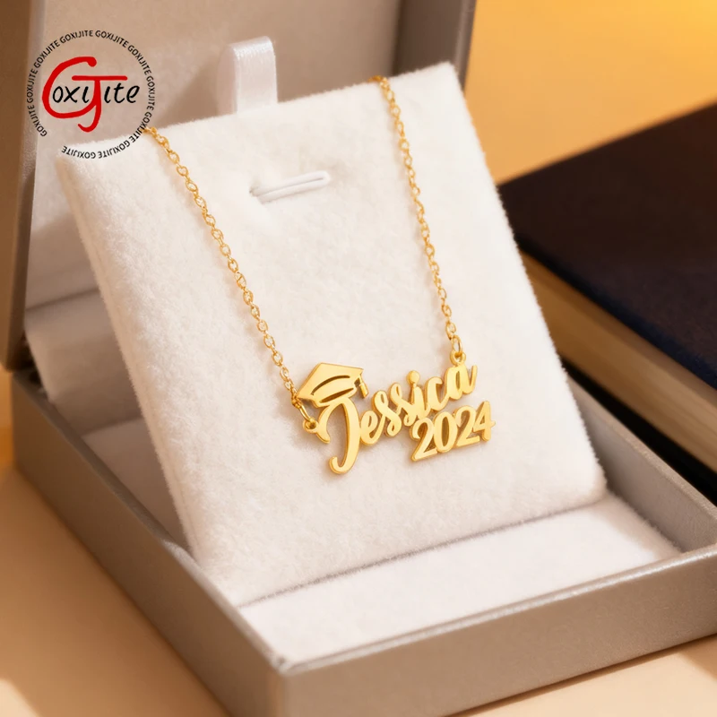 

Goxijite Customized Name Bachelor's Hat Necklace Stainless Steel Personalized Letter Graduation Date Women Men Jewelry Gifts