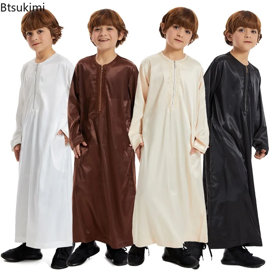 Boys Muslim Robe Middle East Arabic Long Sleeve O-neck Zipper Abayas with Pockets Embroidered Kaftan Kids Islamic Clothing Dress