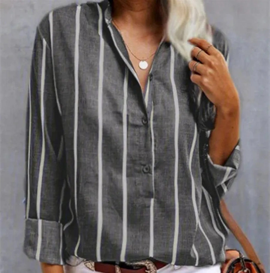 Women's New Striped Half Open V-neck Long Sleeved Casual Loose Top for Women