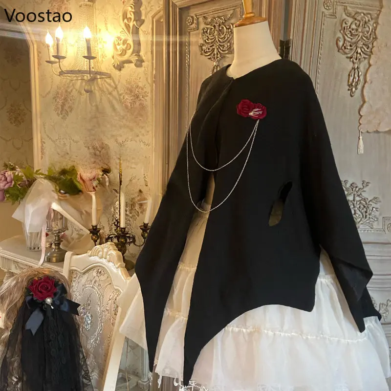 Vintage Victorian Gothic Lolita Dress Women Elegant Rose Halloween Shirt Woolen Cloak Dress Female Harajuku Y2k Party Dresses