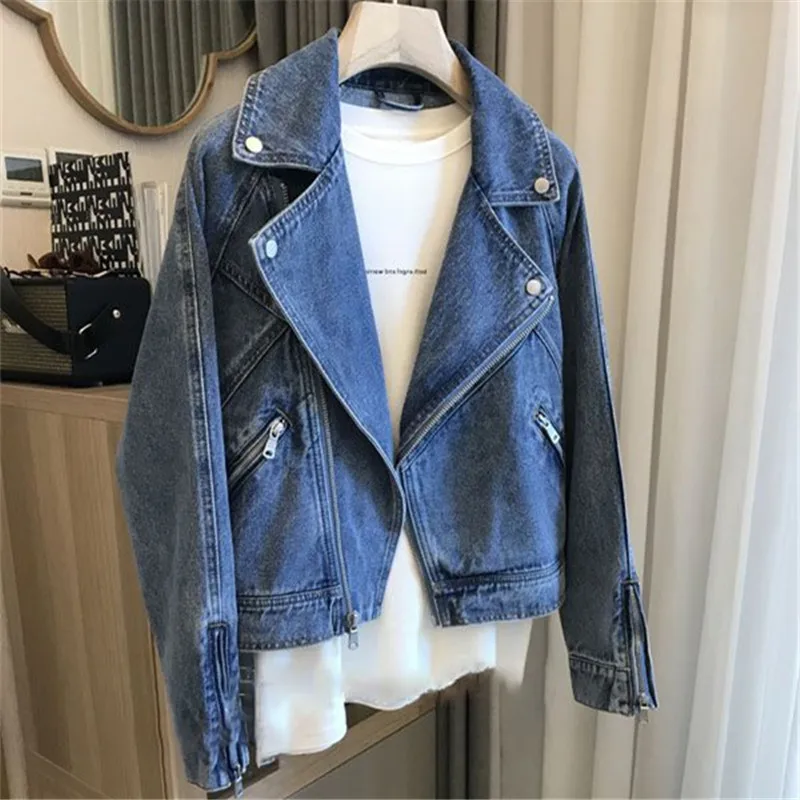 

Autumn New Fashion Motorcycle Denim Coat Women Big Lapel Zipper Long Sleeves Vintage Loose Short Jeans Jacket Female Tide B1452
