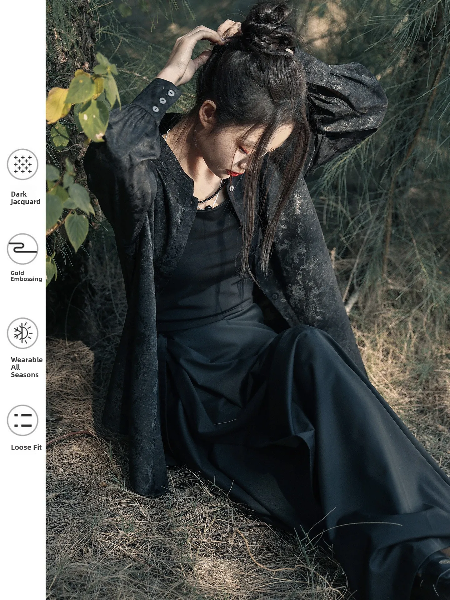 

New Chinese Sle Small Stand Collar irt Women's Bla Printed irt Gold Foil Heat Transfer Loose Fit Long Sve Breathable