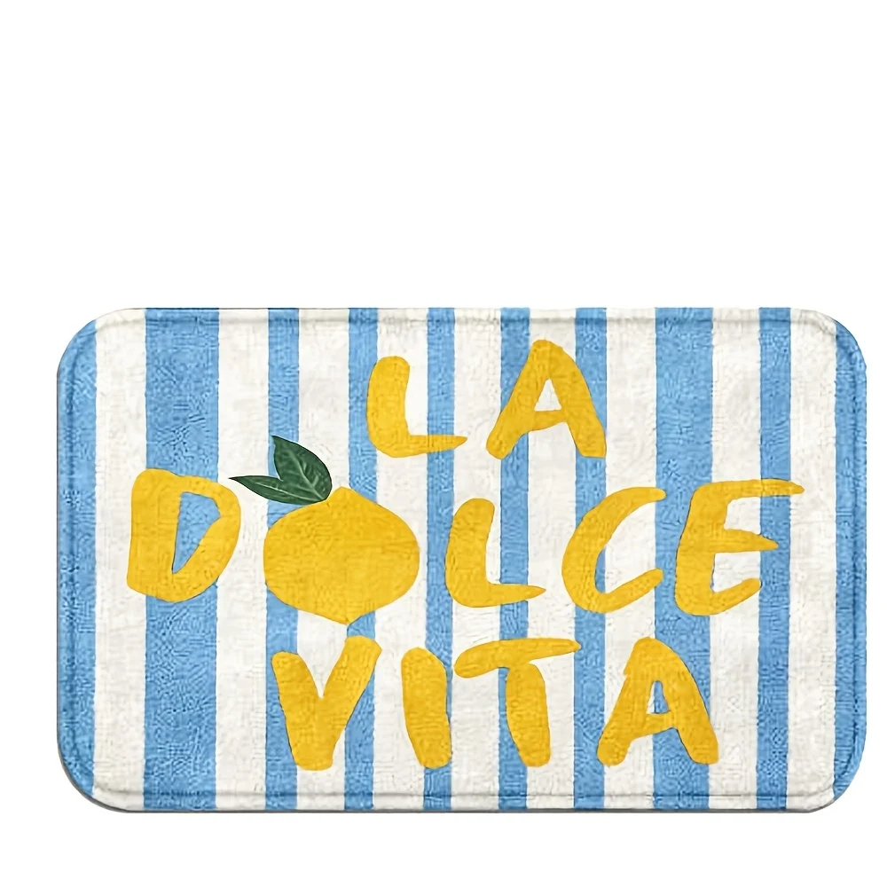 LA DOLCE VITA Lemon Stripe Blue White Doormat Coastal Mediterranean Welcome Mat Entrance Rug Decor for Front Door