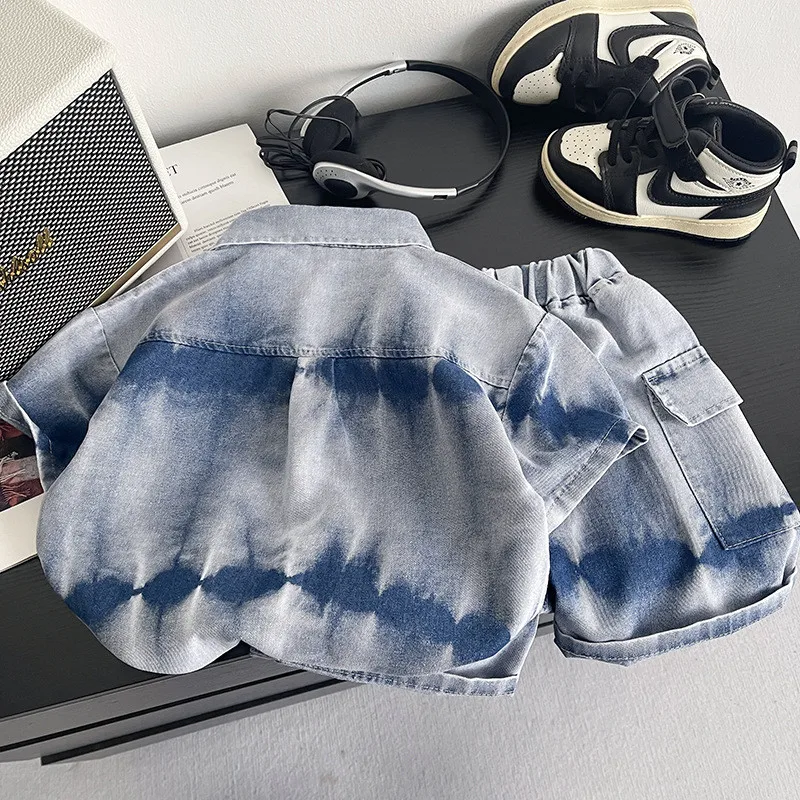 Baby Boy Summer Outfit Fashion New Stylish Children's Tie Dye Denim Shirt Shorts Two-Piece Set Cute Toddler Clothing