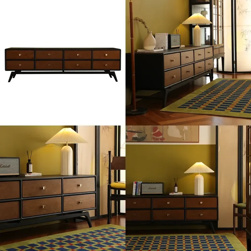 Retro Matte Black Solid Wood TV Stand Nanyang Style Display Cabinet French Contrast Storage Locker for Living Room
