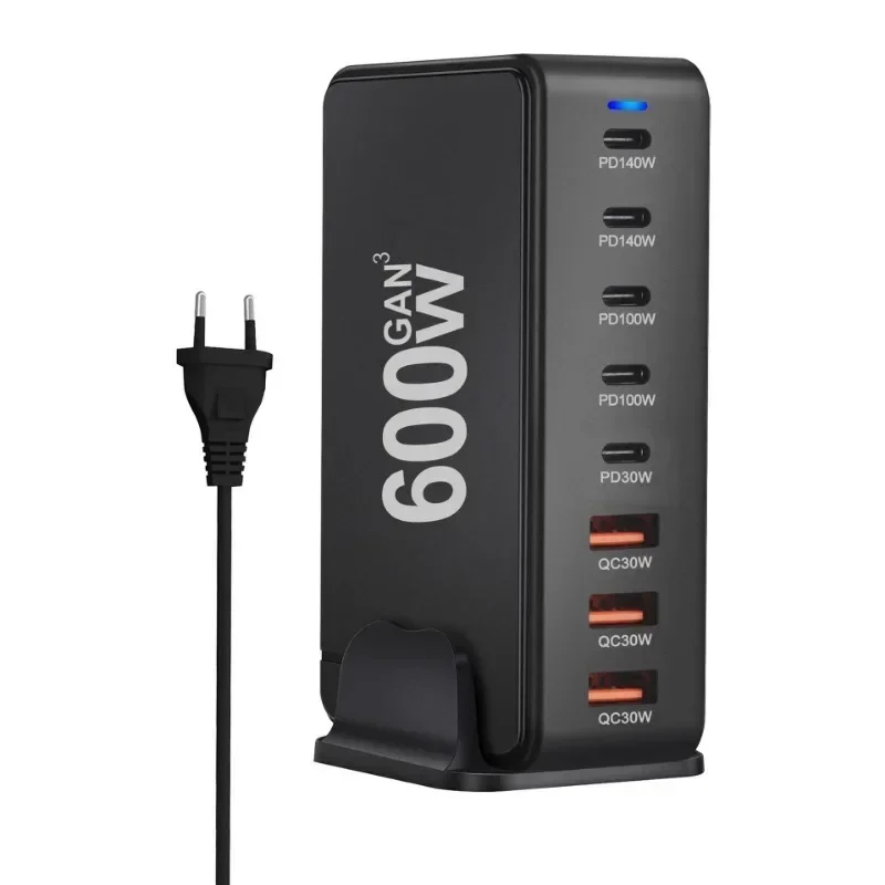 Novo carregador 600W GaN Fast Charge 3.0 USB-C com 8 portas 5C3A PD, portátil e adequado para tablets