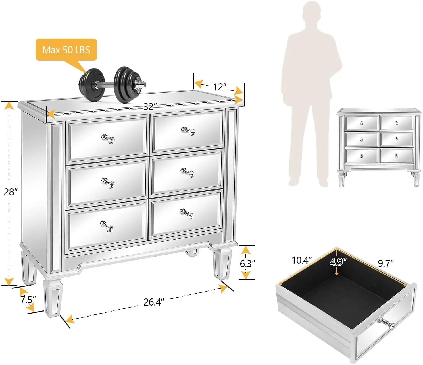 Mirrored Dresser for Bedroom with 6 Storage Drawer Modern Chest of Drawers, Silver, 32”L x 12”W x 28”H, Customized