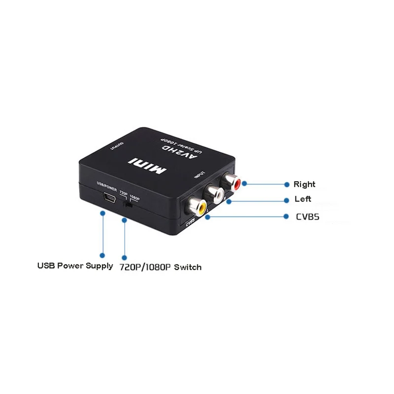 Conversor compatível com av para hdmi hd 1080p rca para cvbs adaptador de áudio e vídeo set top box monitor de tv para ps2 ps3 dvd conector usb